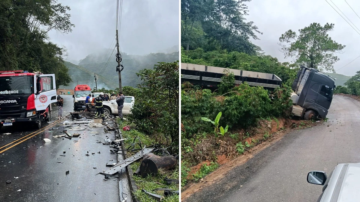 
Veículo rodou na pista e bateu de frente com a carreta, que caiu em uma ribanceira. Dois homens ficaram feridos e foram socorridos.