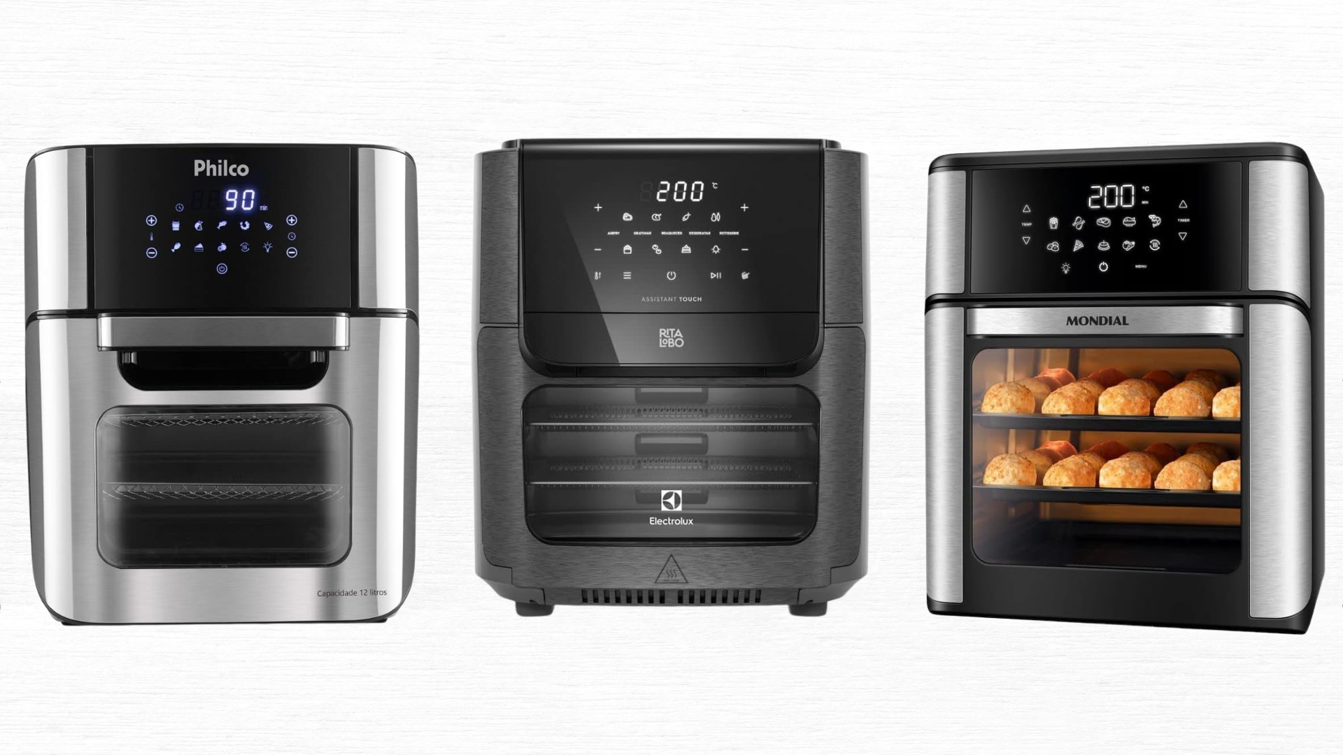 Da Air Fryer da Rita Lobo até marcas como Mondial e Philco; veja opções de 12 até 15 litros. Crédito: Canva