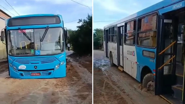 O coletivo ficou de 8h até às 12h preso na lama, segundo moradores; caso ocorreu na manhã desta terça-feira (3)