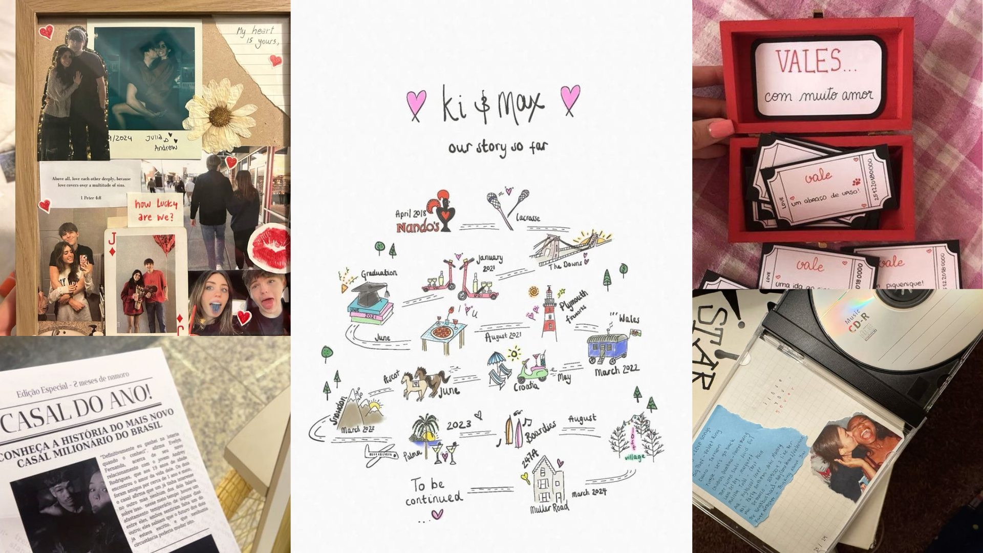 Confira ideias como o mapa do relacionamento, capa de jornal e CD personalizado. Crédito: Canva