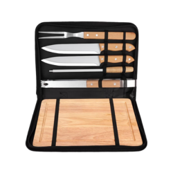 Kit Churrasco com Tábua, faca, garfo, pinça e amolador 