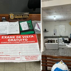 Foram apreendidos receituários e um carimbo com o nome do homem, indicando a profissão “optometrista” e uma numeração de registro em uma associação da categoria