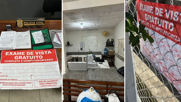 Foram apreendidos receituários e um carimbo com o nome do homem, indicando a profissão “optometrista” e uma numeração de registro em uma associação da categoria