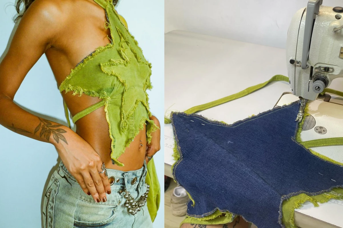 Peça da MIRA  feita a partir de jeans reaproveitado e tingido em verde