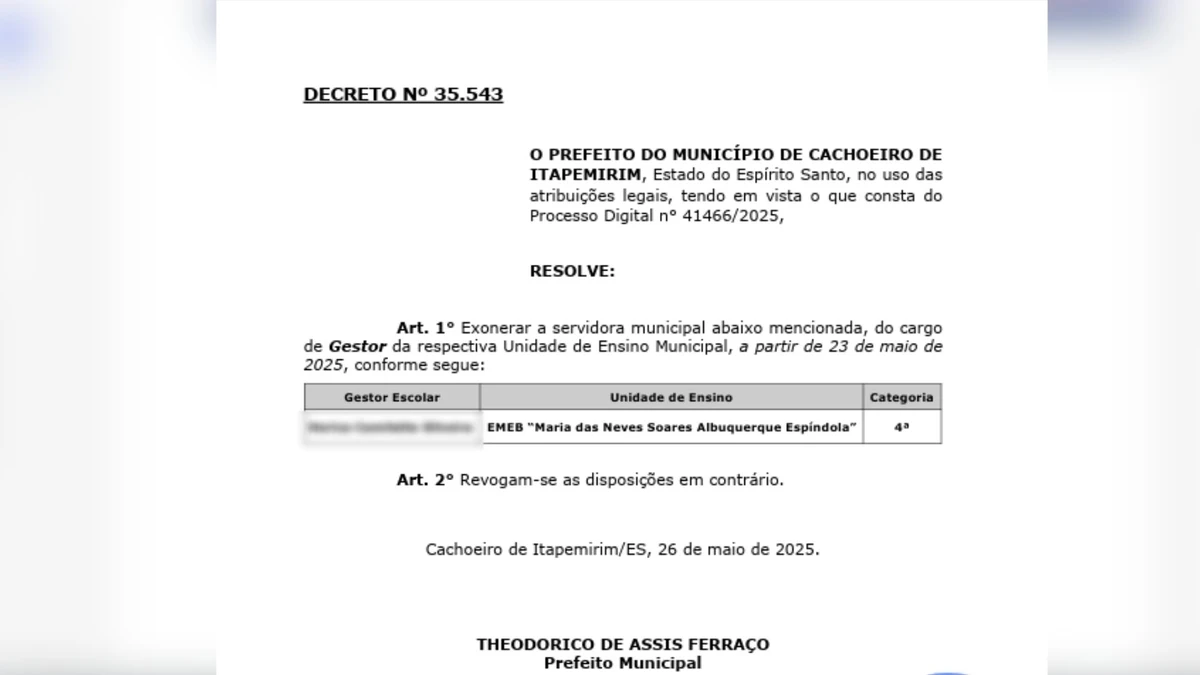Exoneração de diretora foi divulgada no Diário Oficial de Cachoeiro de Itapemirim