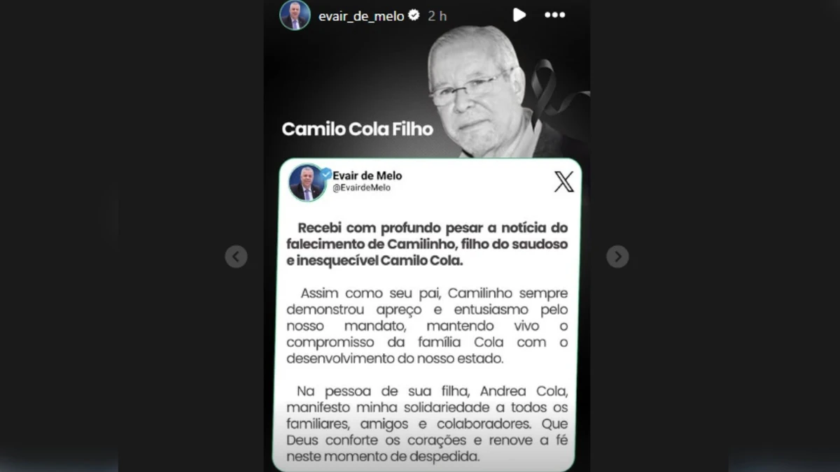 Evair de Melo lamenta morte de Camilo Cola Filho