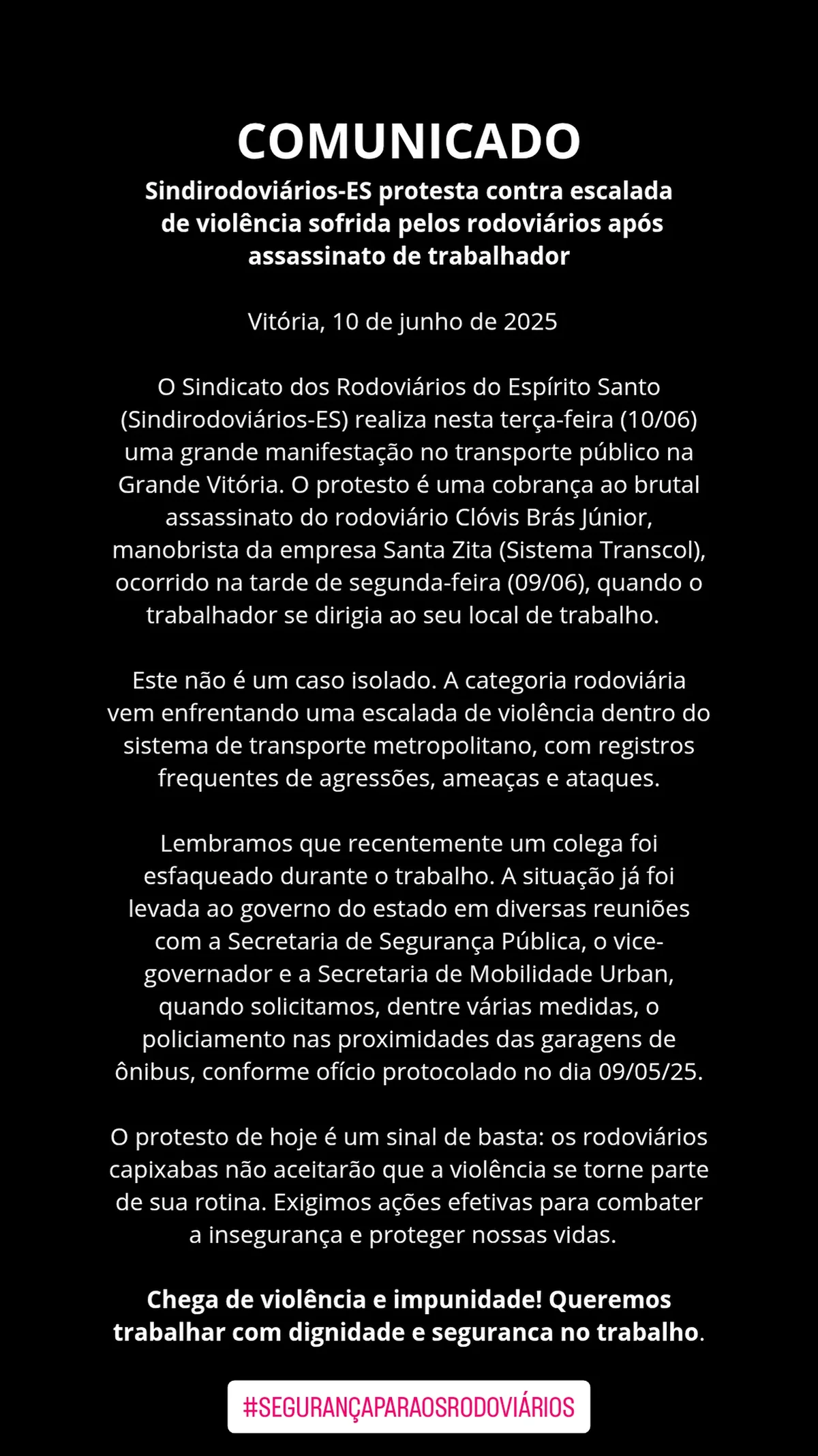 Comunicado sobre paralisação dos ônibus na Grande Vitória