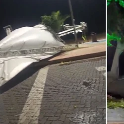 Segundo a prefeitura, a estrutura foi utilizada na Festa de São José de Anchieta, que aconteceu durante o fim de semana; espaço já estava sendo desmontado, e ninguém ficou ferido.