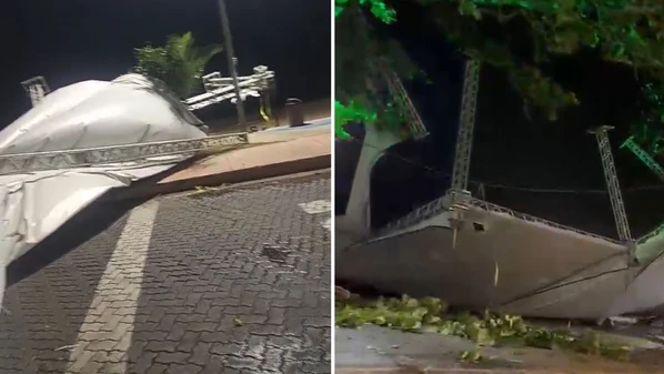 Segundo a prefeitura, a estrutura foi utilizada na Festa de São José de Anchieta, que aconteceu durante o fim de semana; espaço já estava sendo desmontado, e ninguém ficou ferido.