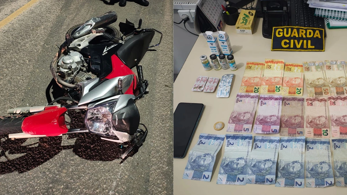 Moto em que jovem fazia manobras e o material apreendido com ele