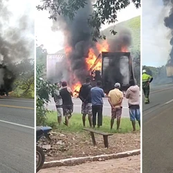 Polícia Rodoviária Federal (PRF) e a Polícia Militar foram acionadas para atendimento à ocorrência e orientação aos condutores, e uma equipe do Corpo de Bombeiros atuou no combate às chamas