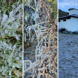 Guias registraram temperaturas negativas e formação de gelo sobre a paisagem do ponto turístico durante a madrugada e a manhã desta sexta-feira (13)