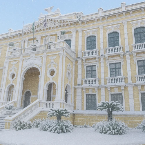 Palácio Anchieta, em Vitória, com neve gerada por inteligência artificial