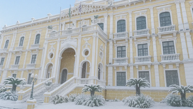 Palácio Anchieta, em Vitória, com neve gerada por inteligência artificial