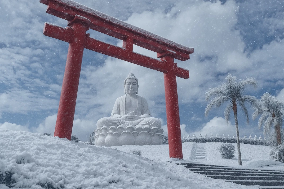 Buda de Ibiraçu coberto de neve gerada por IA