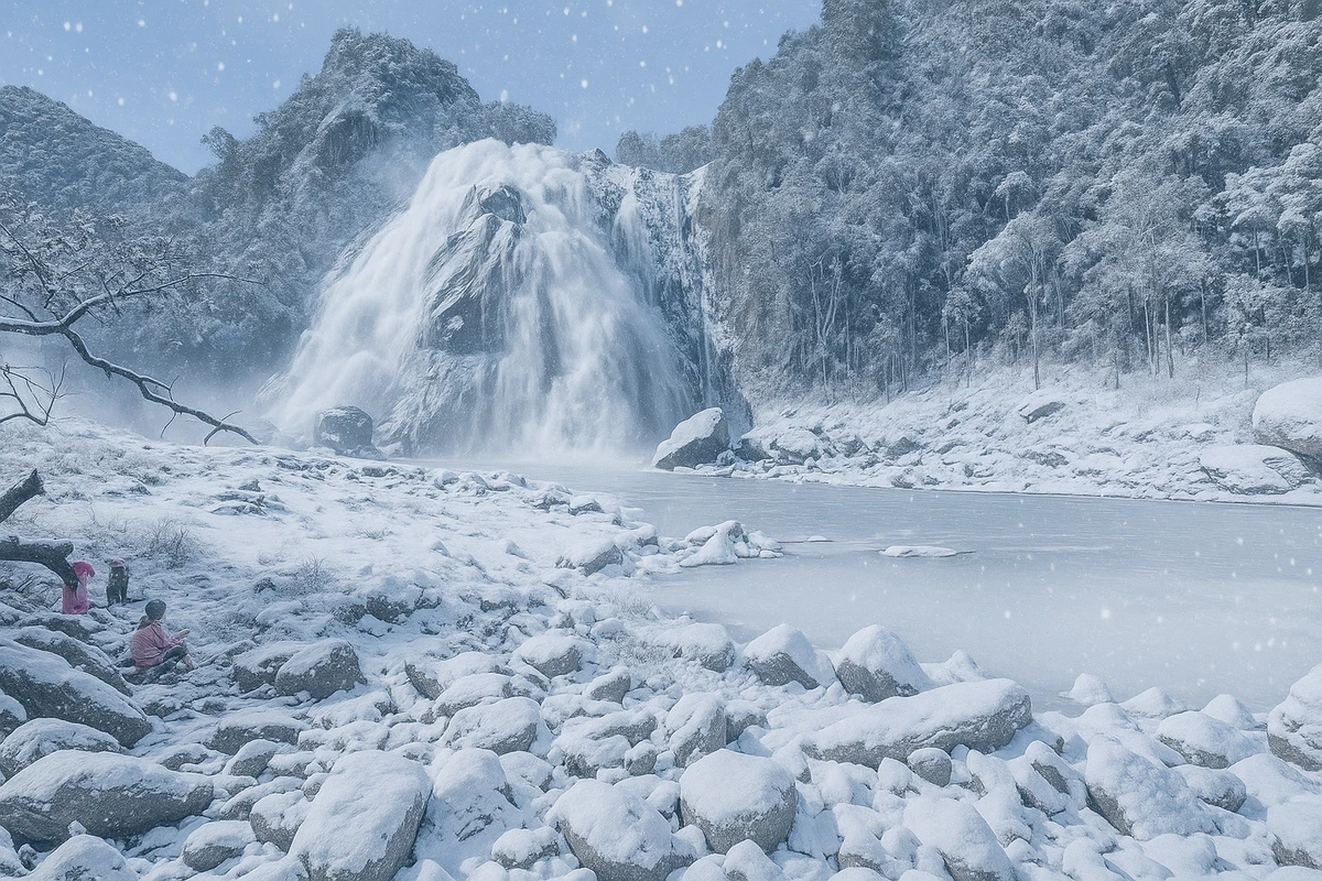 Cachoeira da Fumaça, em Alegre, coberta de neve gerada por IA