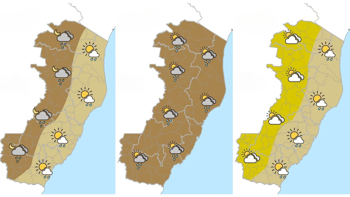 Mapas com a previsão (da esquerda para direita) sexta (13), sábado (14) e domingo (15)