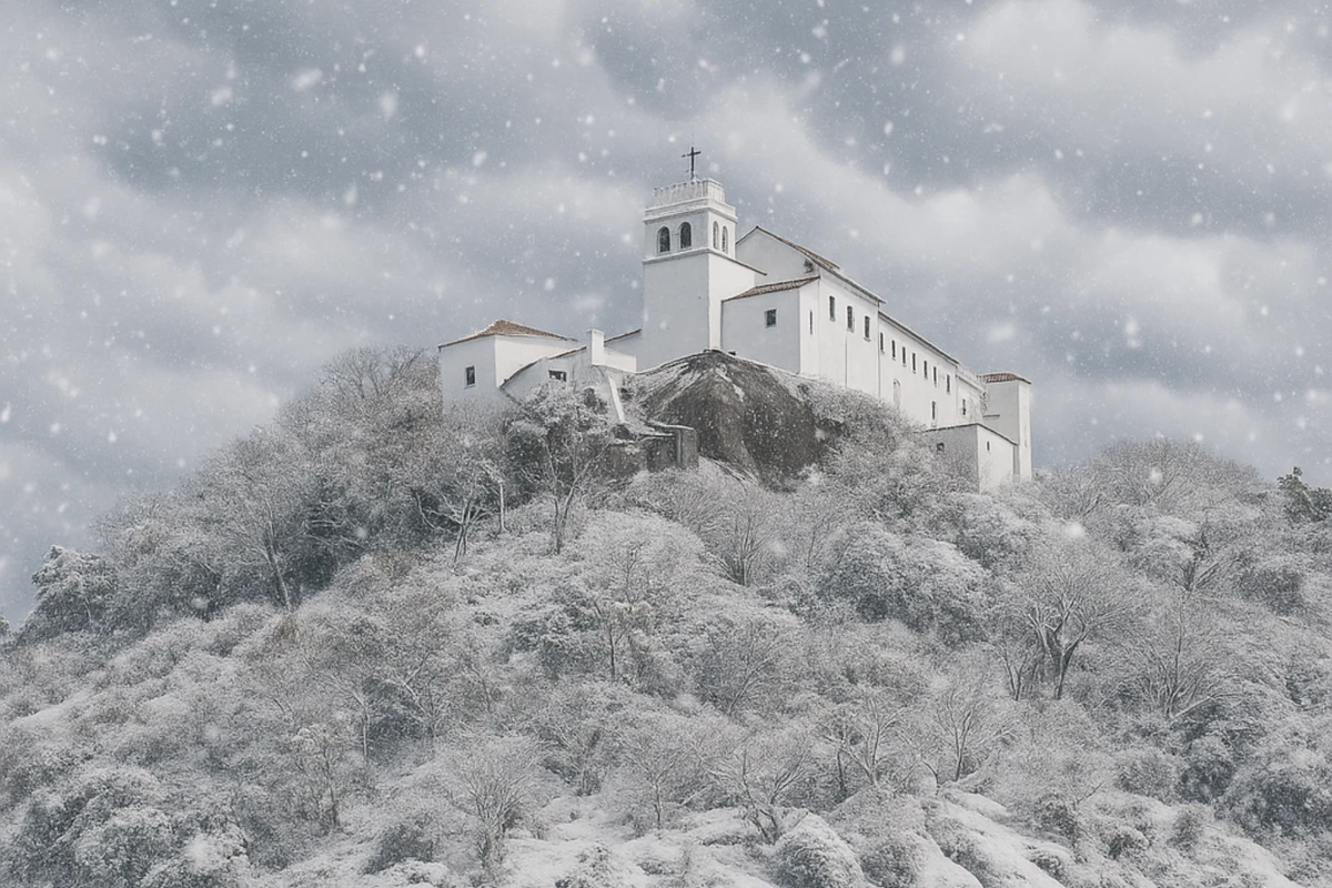 O Convento da Penha coberto de neve gerada por IA