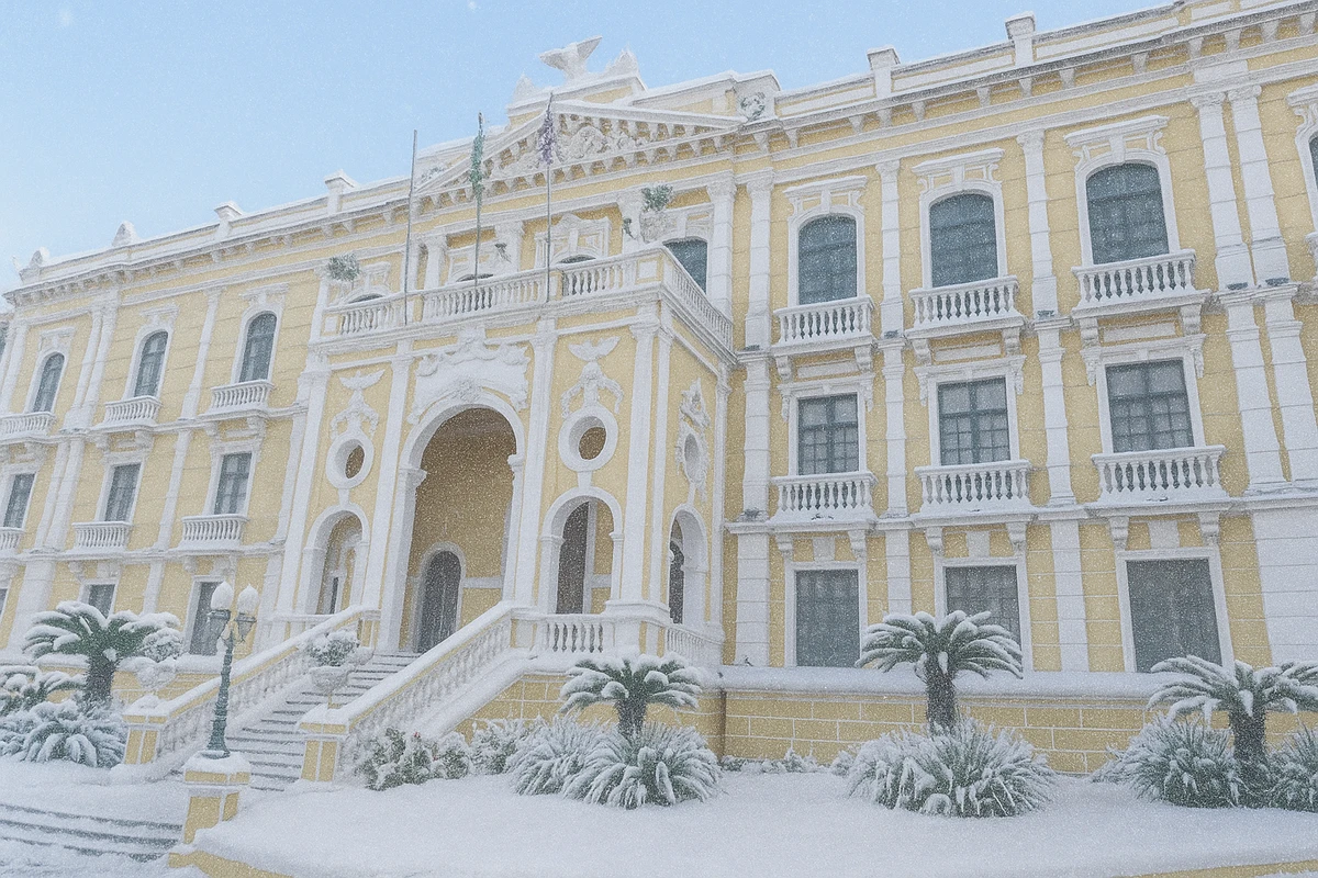Palácio Anchieta, em Vitória, com neve gerada por inteligência artificial