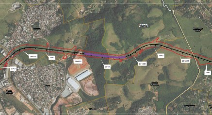Projeção de túnel de ferrovia em Viana, em roxo por Reprodução/Rima