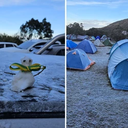 Imagens foram registradas por um guia que estava em um acampamento na manhã de sábado (14); gelo cobriu barracas e até congelou roupas