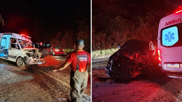 Ambulância foi atingida de frente por caminhonete que invadiu a contramão; condutor ficou preso às ferragens