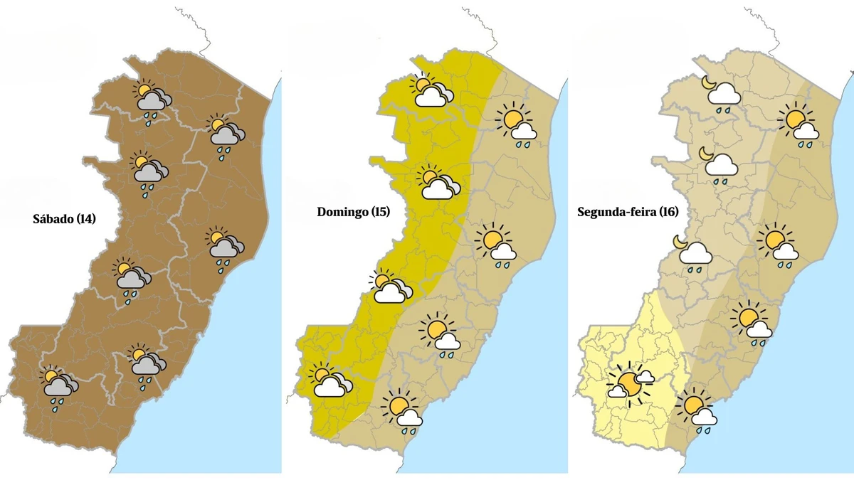 Mapa do Espírito Santo com a previsão do tempo para o fim de semana