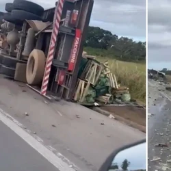 Caminhão colidiu em carreta, na tarde deste domingo (15), na BR 101, e carga de frutas e verduras ficou espalhada na pista