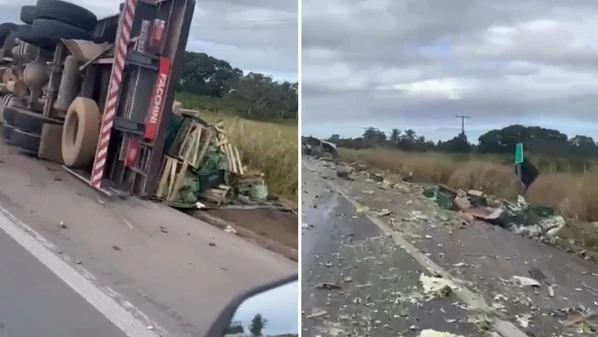 Caminhão colidiu em carreta, na tarde deste domingo (15), na BR 101, e carga de frutas e verduras ficou espalhada na pista
