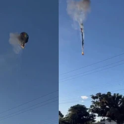 O balão de turismo caiu na manhã deste sábado (21) em Praia Grande, no Sul de Santa Catarina. De acordo com os bombeiros, 21 pessoas estavam a bordo