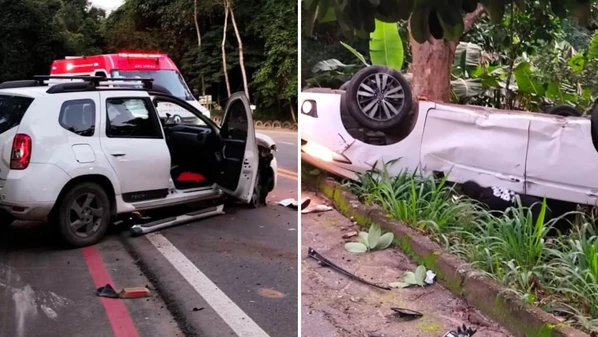 Honda Fit capotou após colidir na lateral do Renault Duster na tarde de tarde de sexta-feira (20)