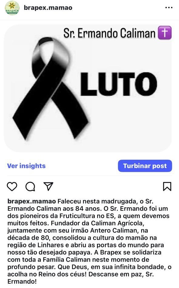 A nota de pesar da Associação Brasileira dos Produtores e Exportadores de Papaya (Brapex)