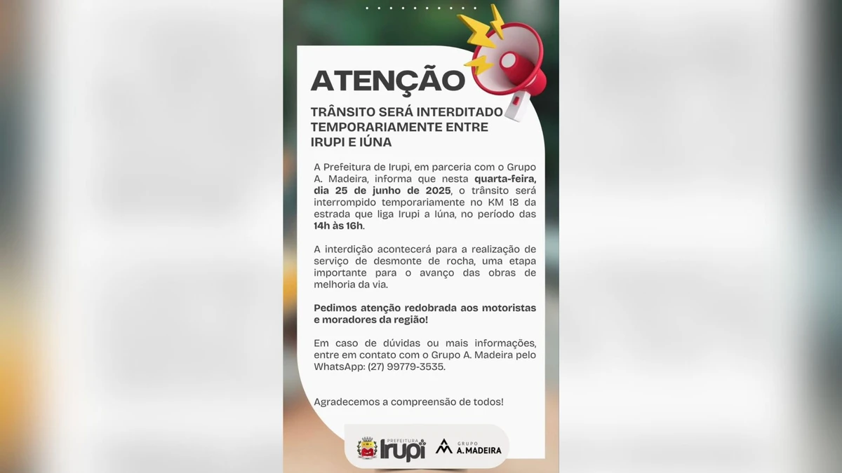 Trânsito será interditado entre Irupi e Iúna
