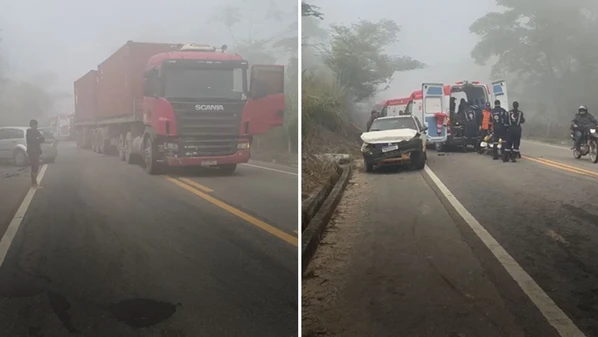 As colisões ocorreram  na região de Monte Senir e envolveram uma moto, uma carreta, dois carros, uma caminhonete e um caminhão-caçamba