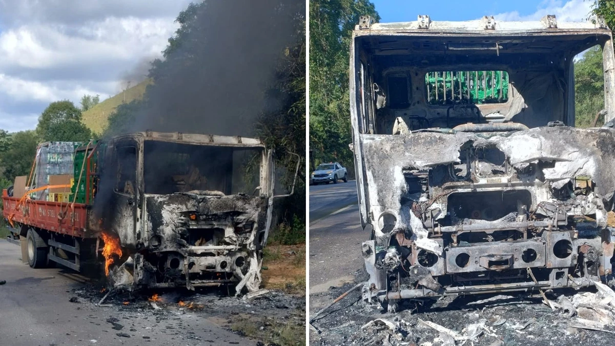 Caminhão carregado com cerveja pega fogo na ES 164 em Pancas