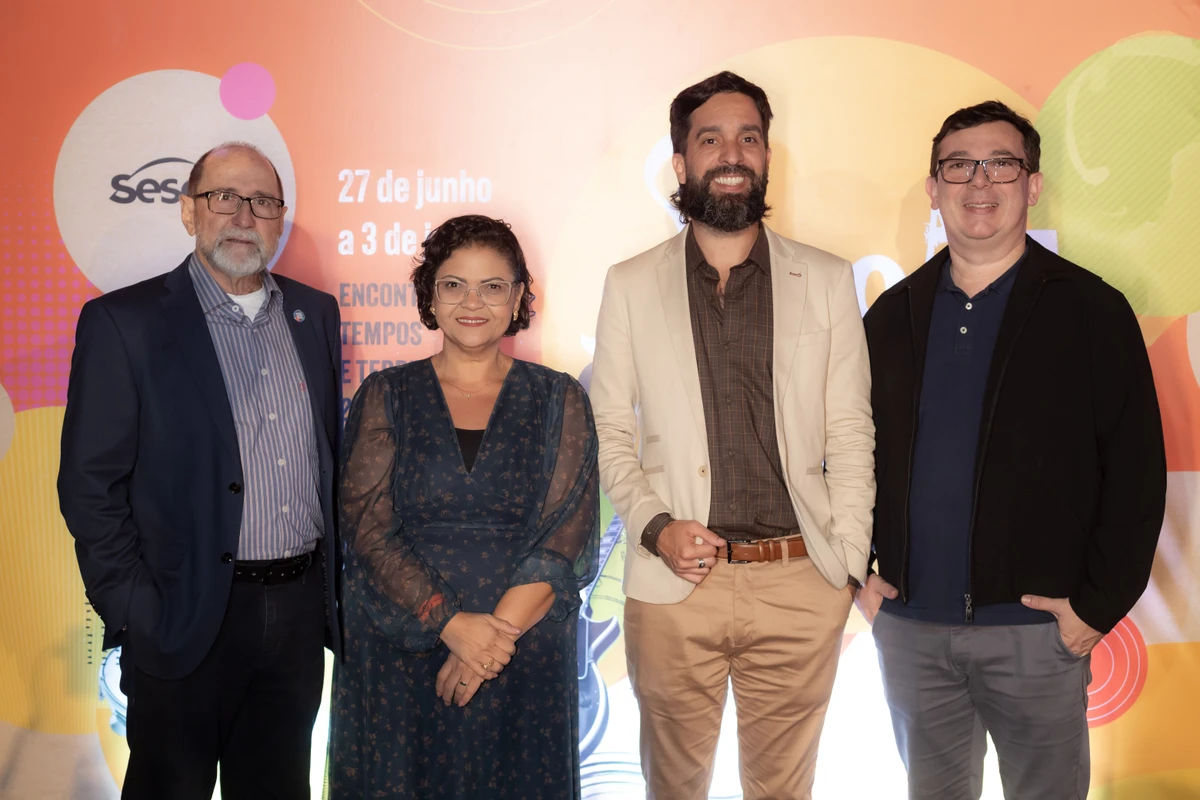 Luiz Toniato, Diretor Regional do Sesc-ES; Janaina Cunha, Diretora de Programas Sociais do Departamento Nacional do Sesc; Romulo Gomes, Diretor de Programas Sociais do Sesc-ES; Richardson Schmittel, Diretor Regional do Senac-ES