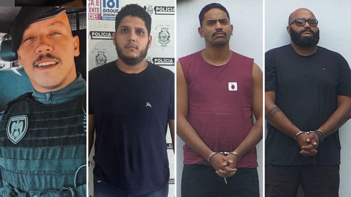 Os demais presos, da esquerda para a direita: o cabo da Polícia Militar Denis Machiore, Felipe Silva Rodrigues, Lucas Eduardo Soares Chaves dos Santos, e Walisson Pereira Carvalho