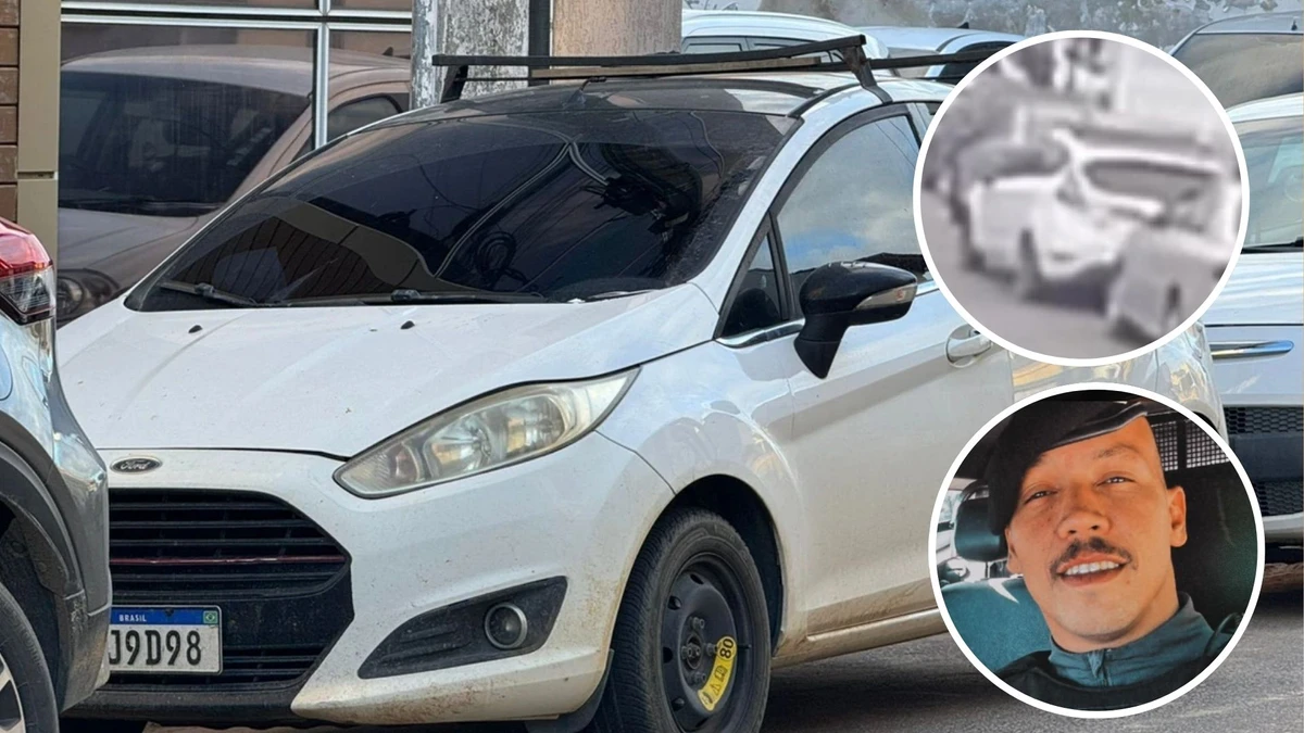 Veículo apreendido foi usado segundo a polícia no sequestro do adolescente Lázaro, que segue desaparecido. No destaque recorte de câmera que flagrou carro, e o PM Denis Marchiore, que está preso