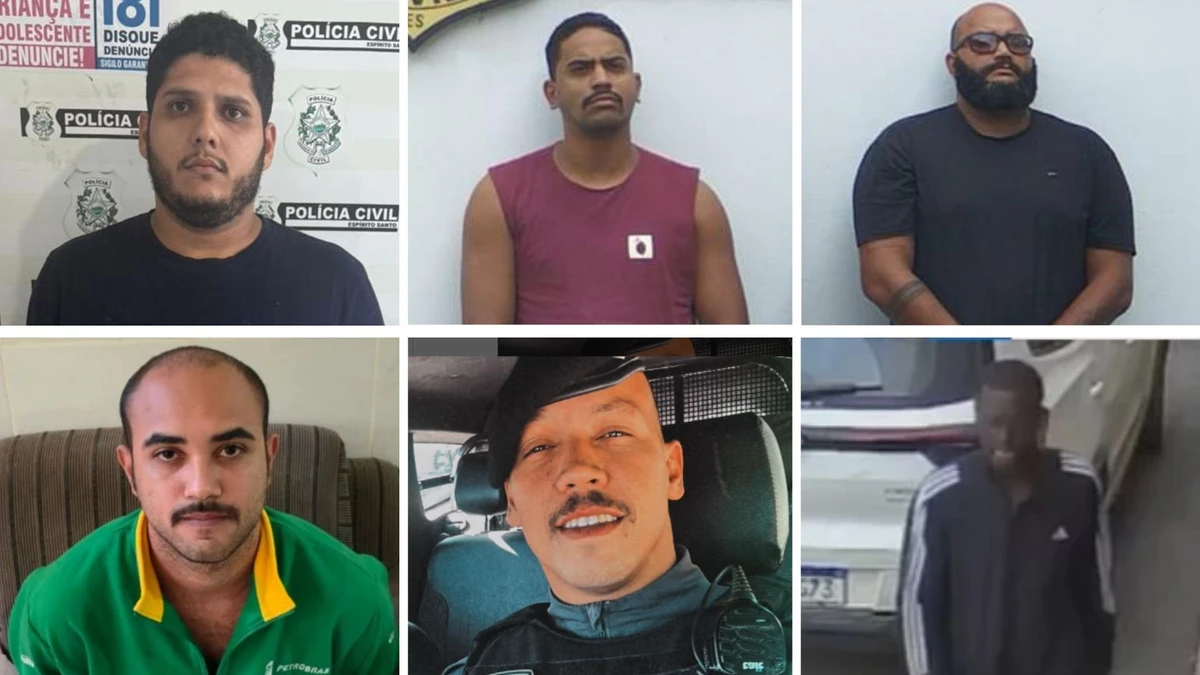 Suspeitos presos do canto superior esquerdo para a direita: Felipe Silva Rodrigues, Lucas Eduardo Soares Chaves dos Santos, Walisson Pereira Carvalho, Yan Kryslan Pereira Dias, cabo da PM Denis Machiore, e Alex Nascimento Paixão