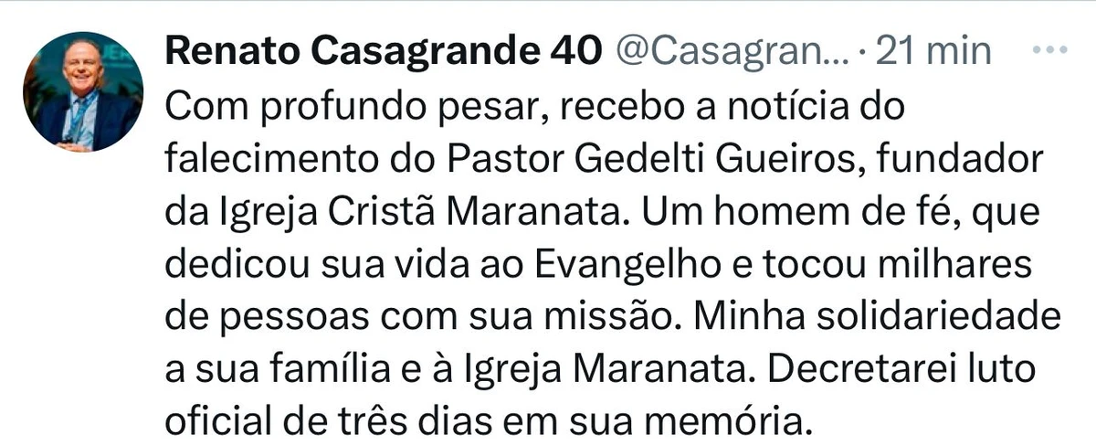 A nota de pesar do governador Casagrande