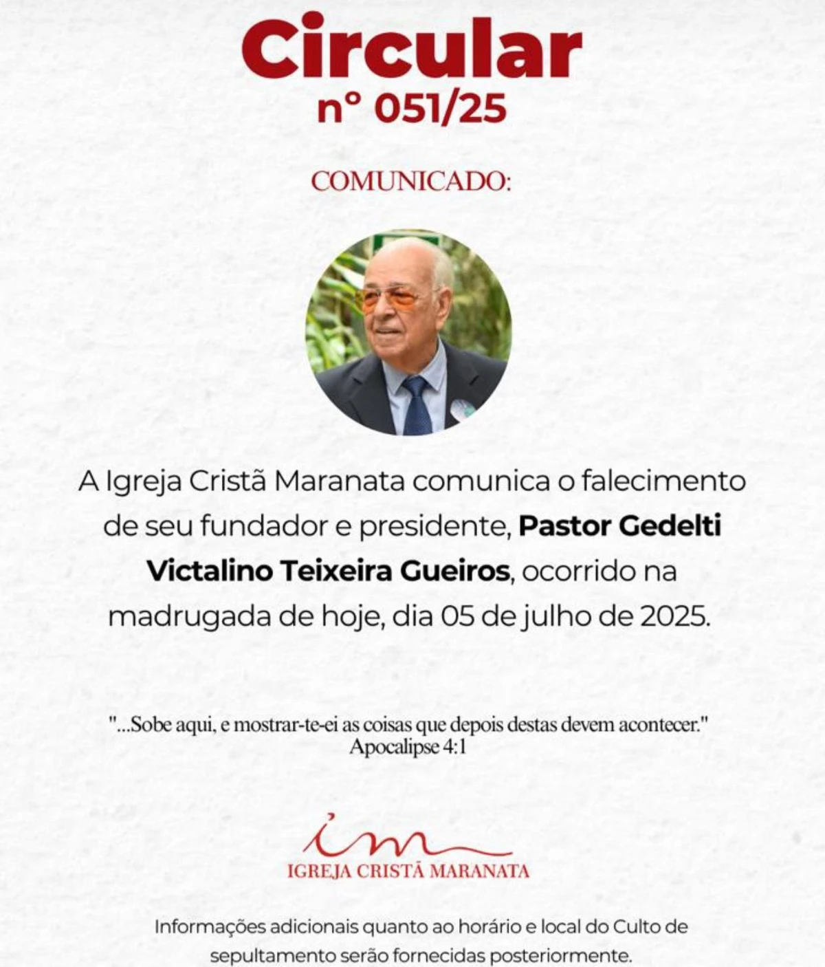 O comunicado oficial do falecimento de Gedelti Gueiros