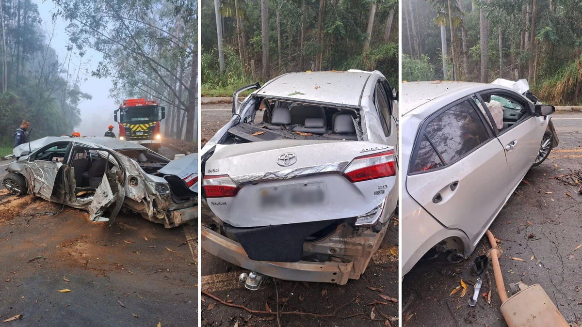 Carro furtado ficou destruído em acidente na BR 482