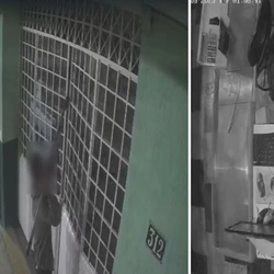 Imagens de câmeras de videomonitoramento mostram a ação do criminoso, que arrombou local forçando a porta com uma cavadeira
