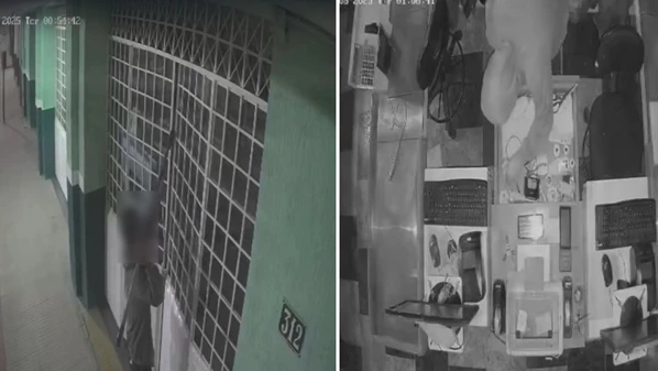 Imagens de câmeras de videomonitoramento mostram a ação do criminoso, que arrombou local forçando a porta com uma cavadeira