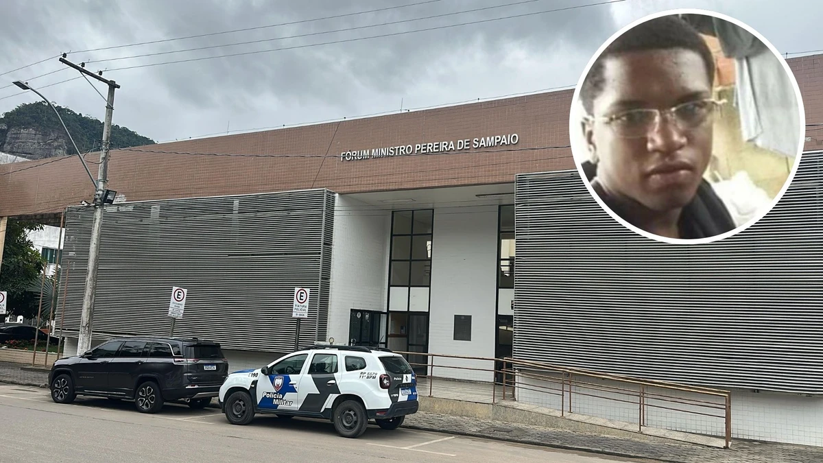 Fórum Ministro Pereira Sampaio em Ecoporanga, onde ocorre o julgamento, e no destaque, a vítima, Wesley dos Santos Maciel