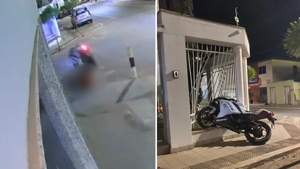 Câmera de segurança mostra o momento do forte impacto; desgovernada, moto ficou presa nas grades de imóvel