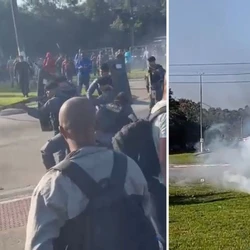 Polícia Militar foi ao local após manifestantes de sindicato incendiarem pneus; pelo menos quatro pessoas precisaram ser levadas para o hospital