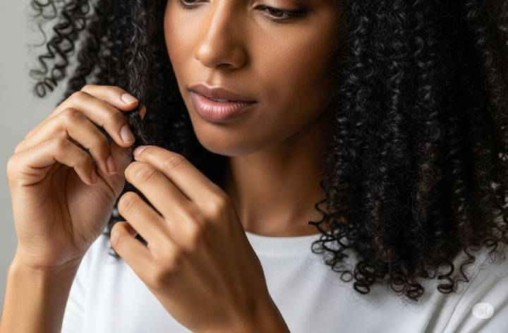 Cabelos cacheados e crespos tendem a ser mais secos devido à dificuldade dos óleos naturais em percorrer toda a extensão dos cachos. Crédito: Gerado por IA