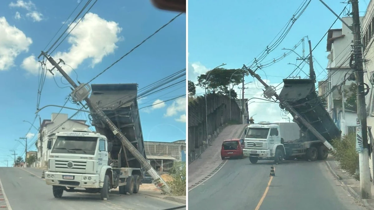 Caçamba derruba poste e puxa fios em Linhares