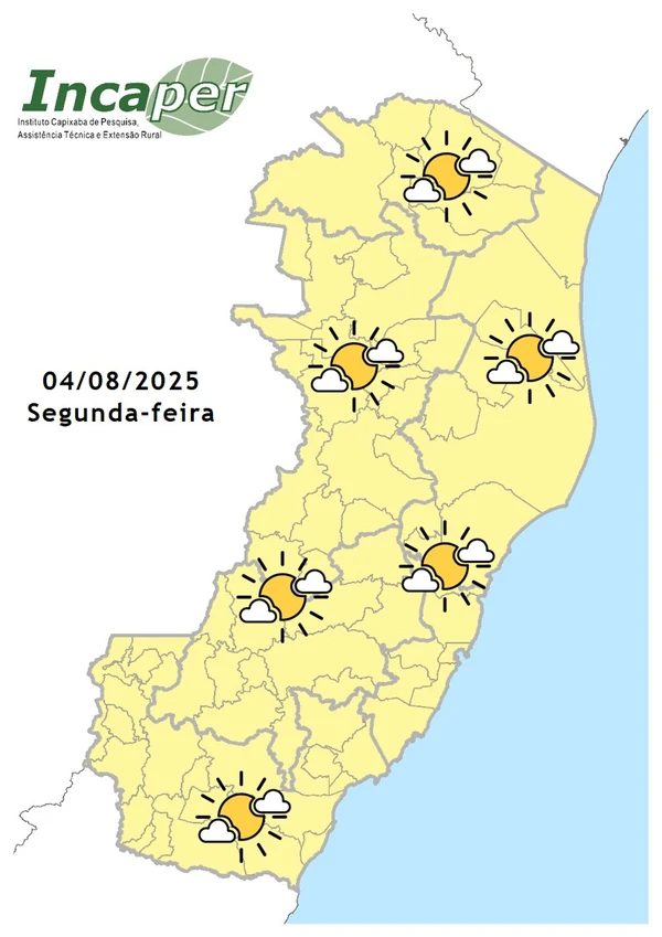 Previsão do tempo para a segunda-feira (4) no Espírito Santo